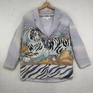Vintage Carol Patterson 100% Silk Jacket Tiger Print Blazer Lavender Zebra Print